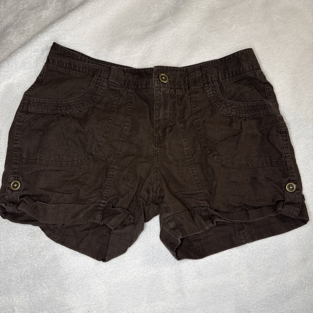 Apt. 9 Linen Cotton Shorts Women Size 10 Brown Cuffed Cargo Pockets